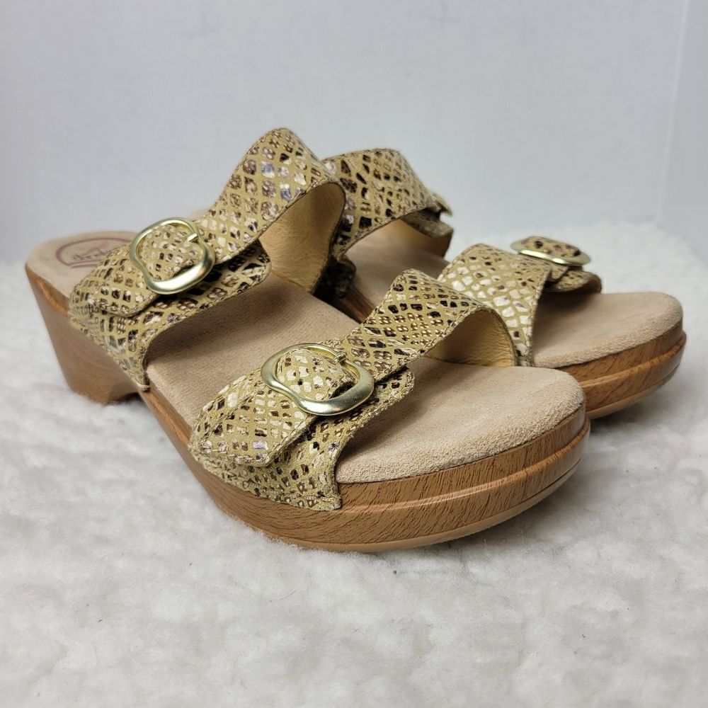 Dansko Womens Wedge Sandals Size 9.5 Gold Brown Snakeskin 2-Buckle Slip
